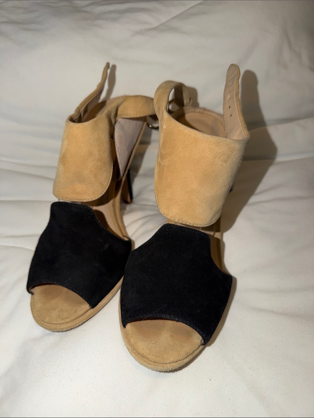Two-Tone Black and Tan Suede Open-Toe Heels